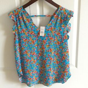 LOFT Flutter Sleeve Blue Ruffled Blouse